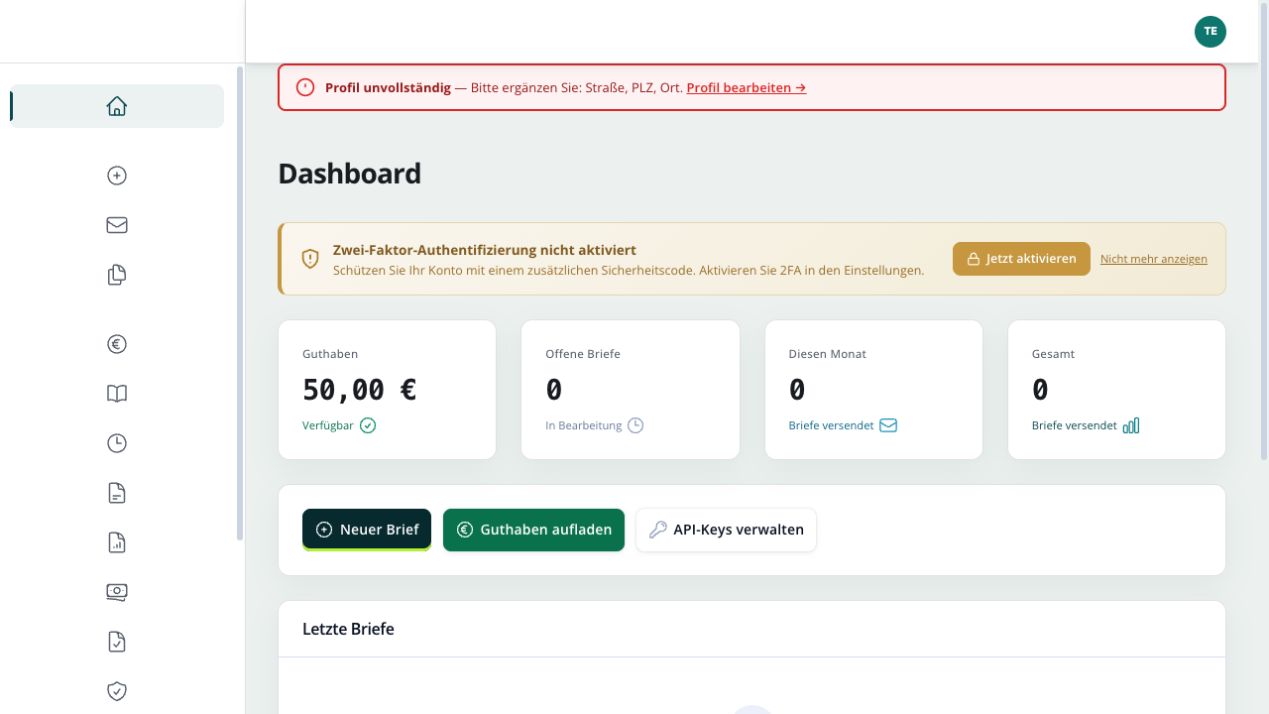 PDFpost.de Kunden-Dashboard mit Guthaben, Briefübersicht und Versandaktionen